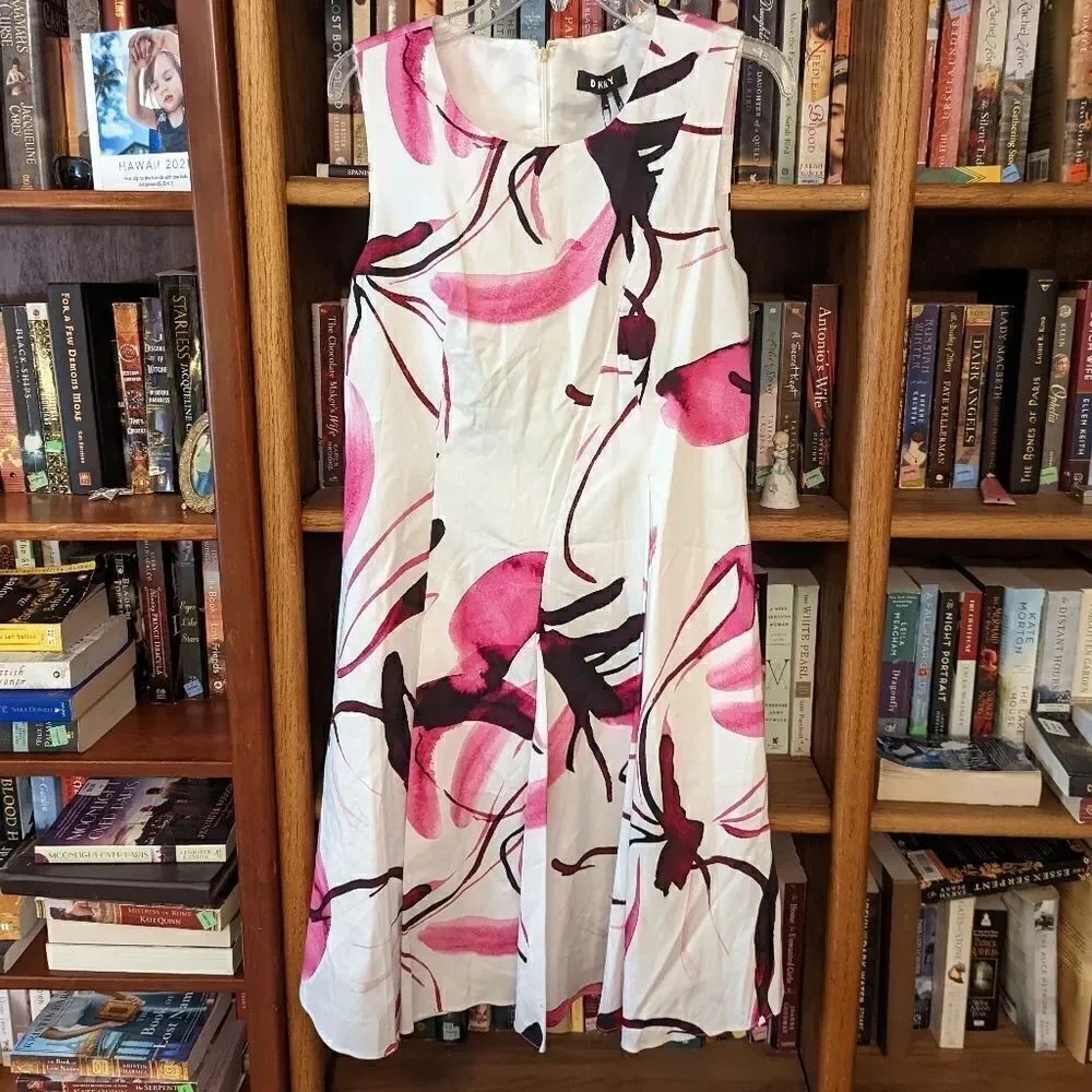 DKNY white with pink flowers a line dress nwt